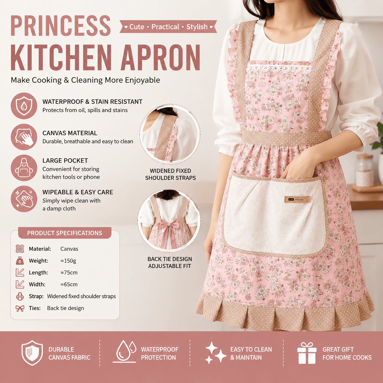 Floral Canvas Pink Kitchen Apron - Waterproof Oil-Resistant with Hand-Wipe