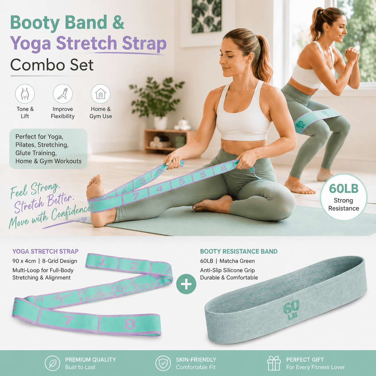 Green and purple 8 Grid Yoga Stretching Strap and 60LB Resistance Band Set