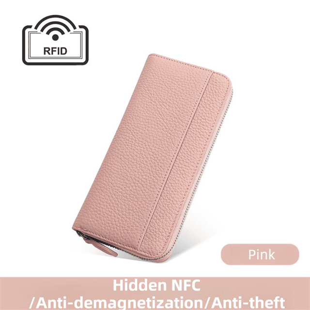 Pink Genuine Leather Women's Long Wallet with RFID Blocking & Hidden NFC