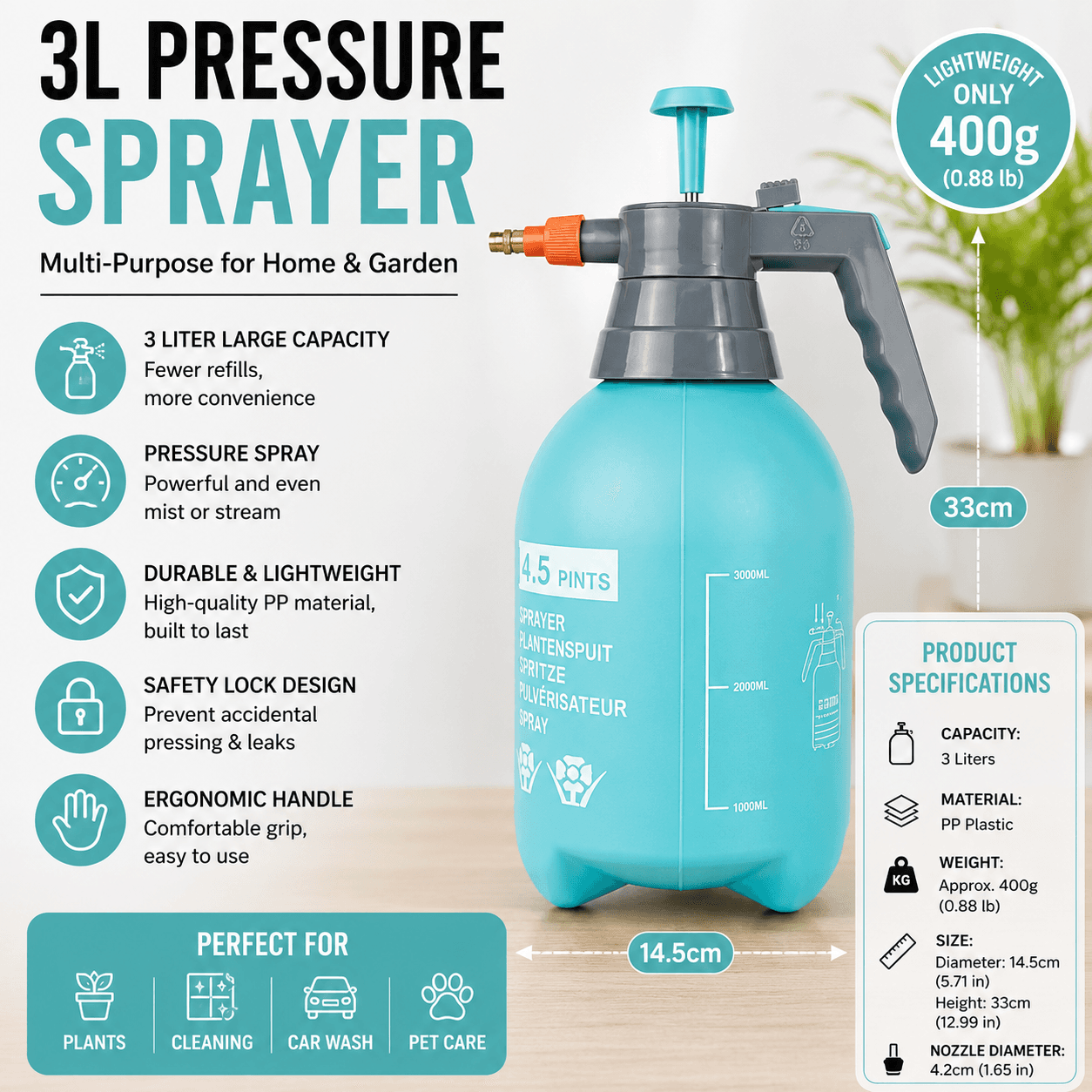 3L Blue Pressure Sprayer - PP Plastic Garden Watering Can with Adjustable