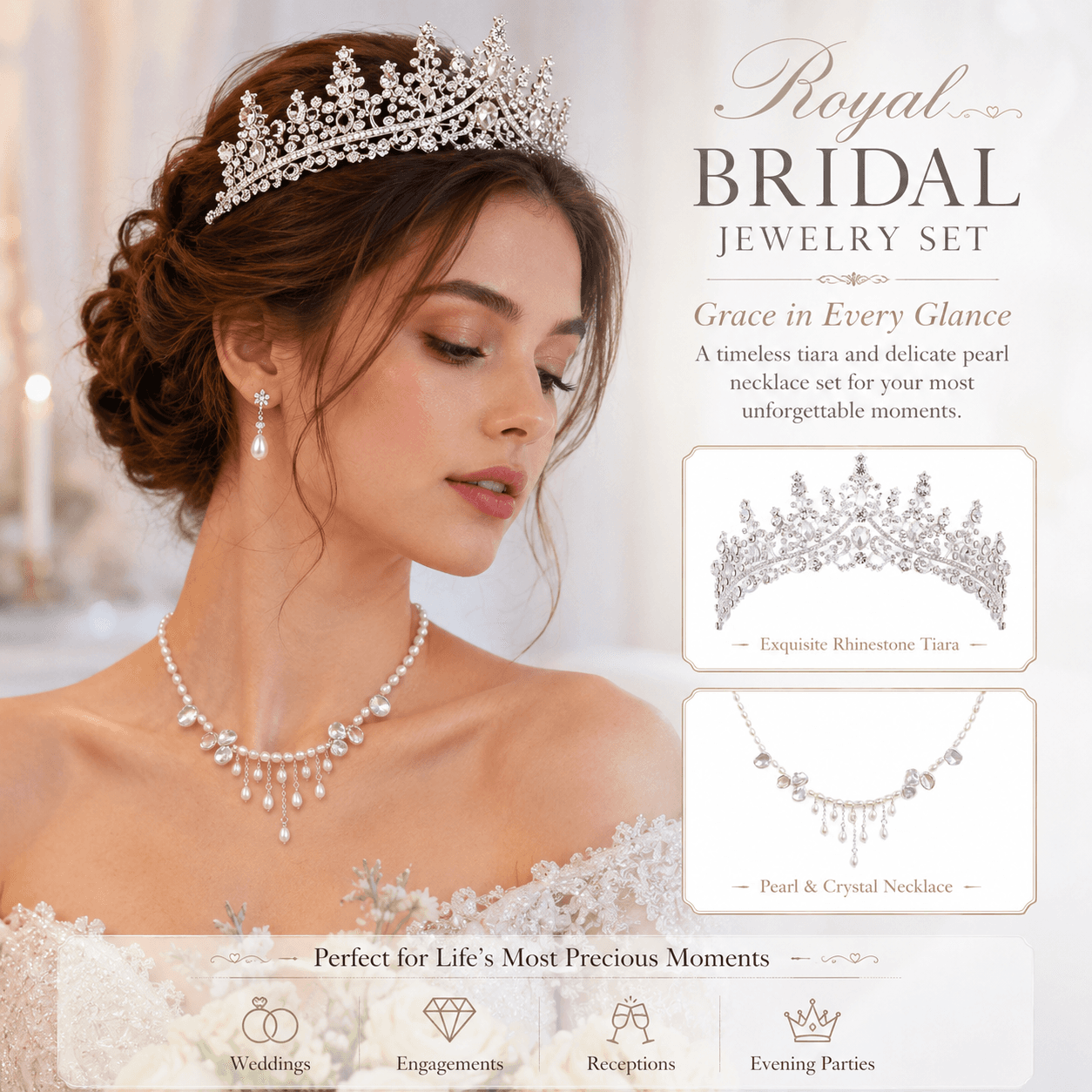 Pearl Tassel Necklace & Rhinestone Tiara Set Bridal Crown Jewelry