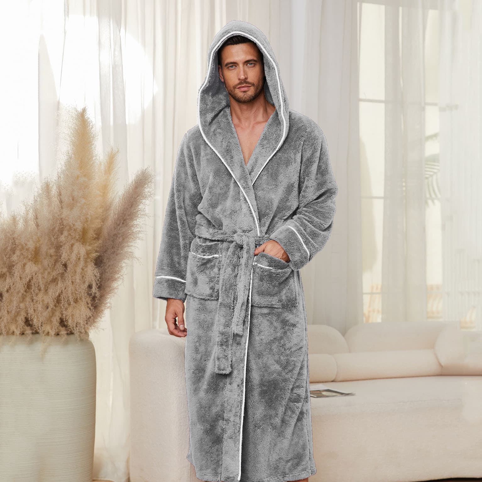 Men's Plush Fleece Hooded Bathrobe Grey M Size Shawl Collar Dressing Gown