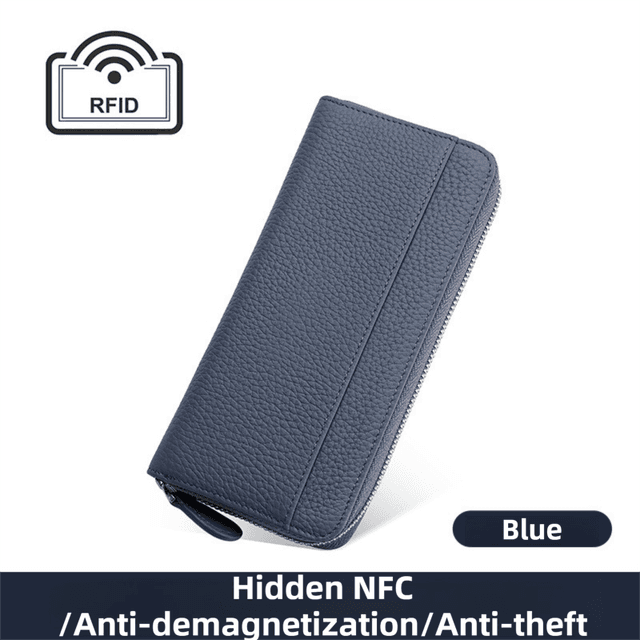 Blue Genuine Leather Women's Long Wallet with RFID Blocking & Hidden NFC