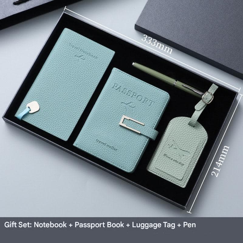 Sky Blue Travel Passport Holder and Notebook Gift Set with Luggage Tag