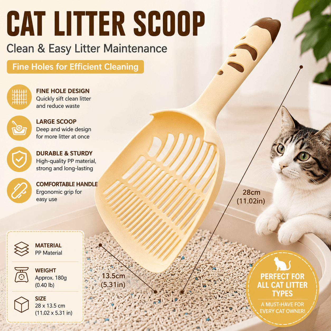 Yellow Large-surface cat litter scoop-made of PP material, featuring