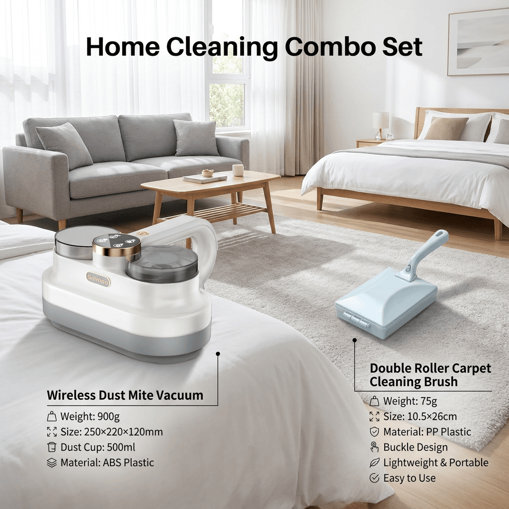 Winter Cleaning Kit White Wireless Dust Mite Vacuum and Blue Double Roller