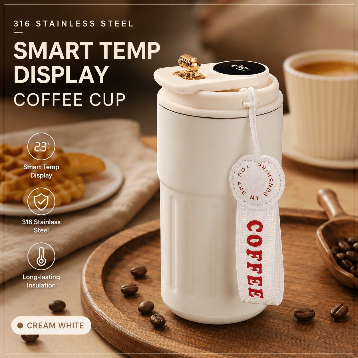 Smart Coffee Tumbler (White lid) 450 ml Vacuum Insulated Travel Mugwith