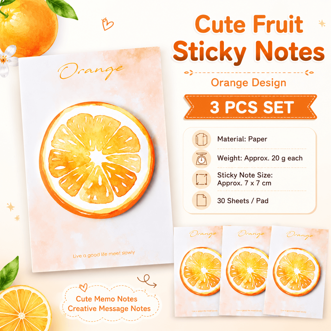 3 Packs Orange Design Fruit Shaped Sticky Notes - Memo Pads for Journaling