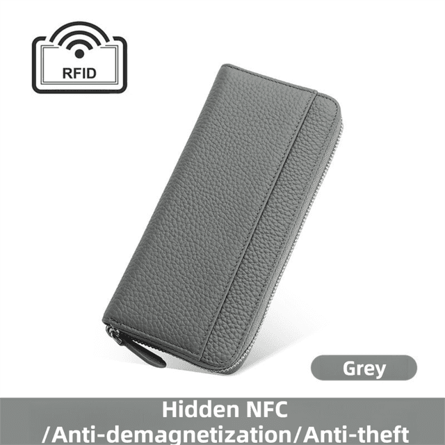Grey Genuine Leather Women's Long Wallet with RFID Blocking & Hidden NFC