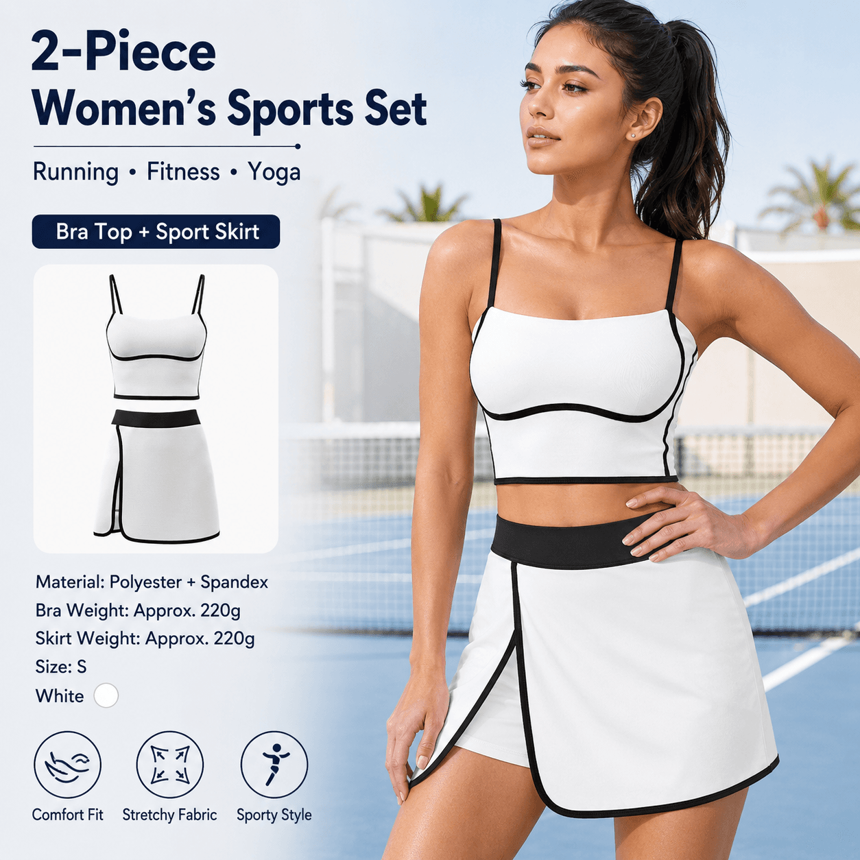 White S Size Women's Linear Sports Set - Polyester Spandex Blend
