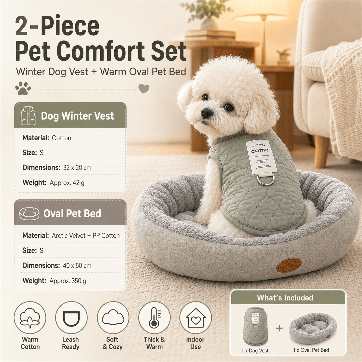 Winter Pet Care Bundle - S Size 32 × 20 cm Green Quilted Dog Vest with Leash