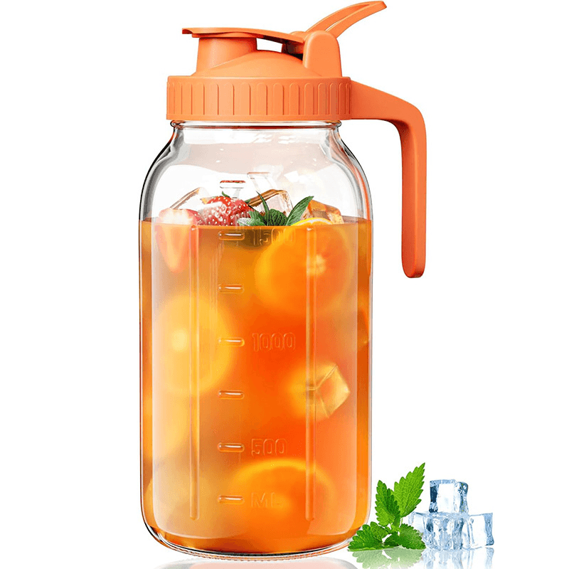 Orange Glass Mason Jar Pitcher 64oz with Flip Lid Pour Spout Milk Jug