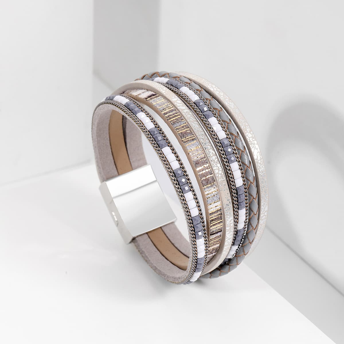 Grey Bohemian Multi-Layer Leather Bracelet for Women - PU Faux Leather