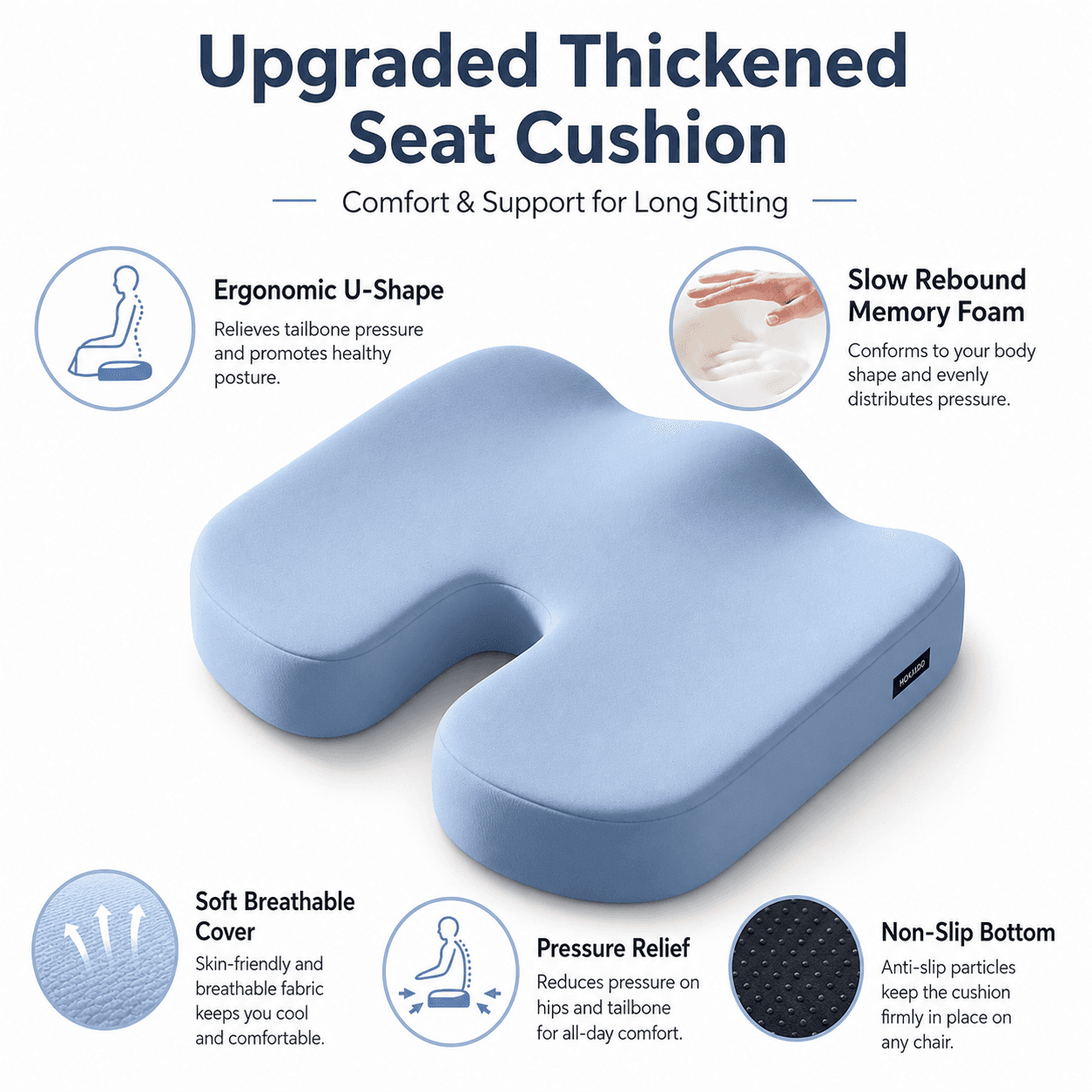Blue Memory Foam Seat Cushion - 45 × 36 × 7 cm Milk Silk Removable Cover
