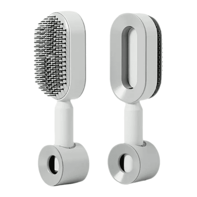 White 3D Airbag Massage Self Cleaning Hair Brush with Base - for Long Hair