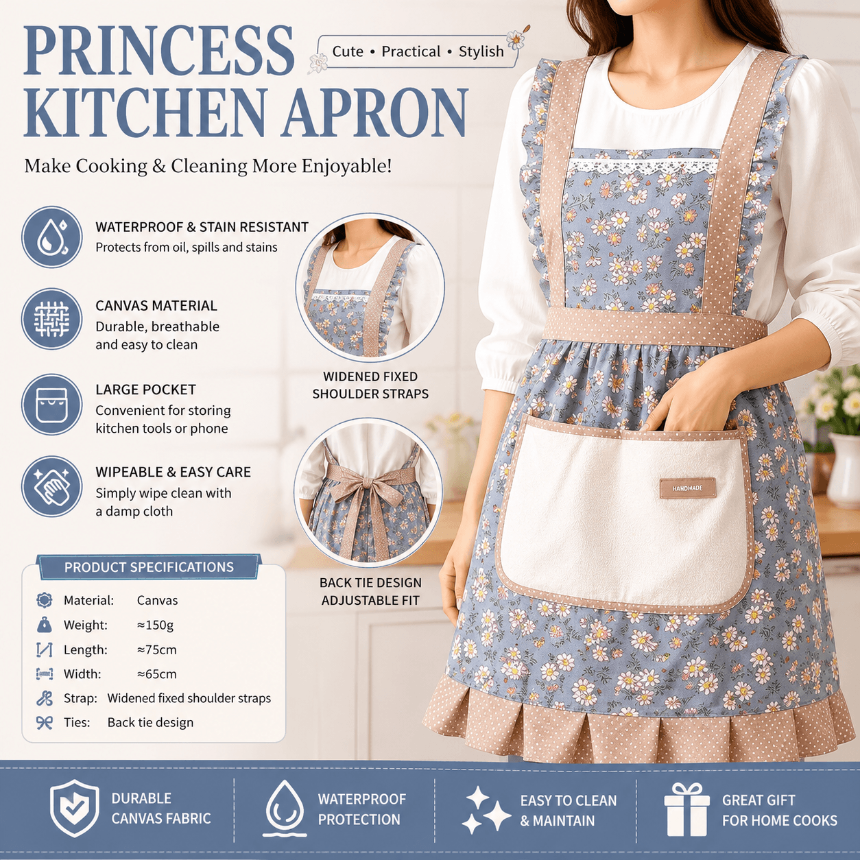 Floral Canvas Blue Kitchen Apron - Waterproof Oil-Resistant with Hand-Wipe