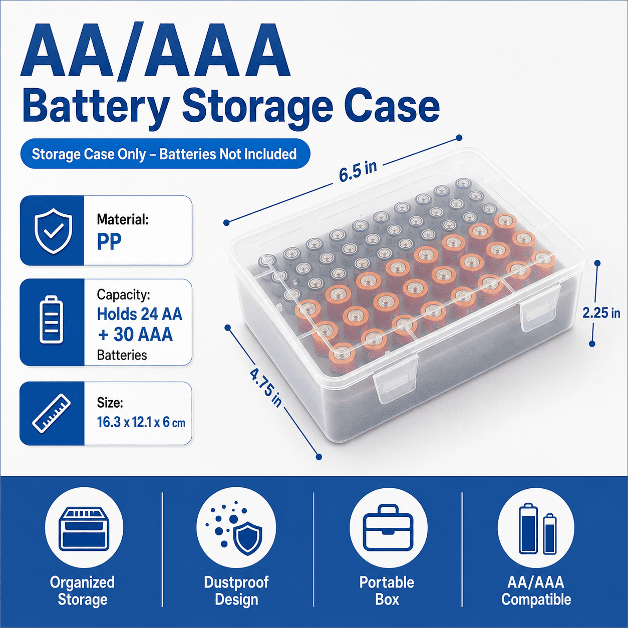 White AA/AAA Battery Storage Case 24 AA + 30 AAA Capacity PP Organizer Box
