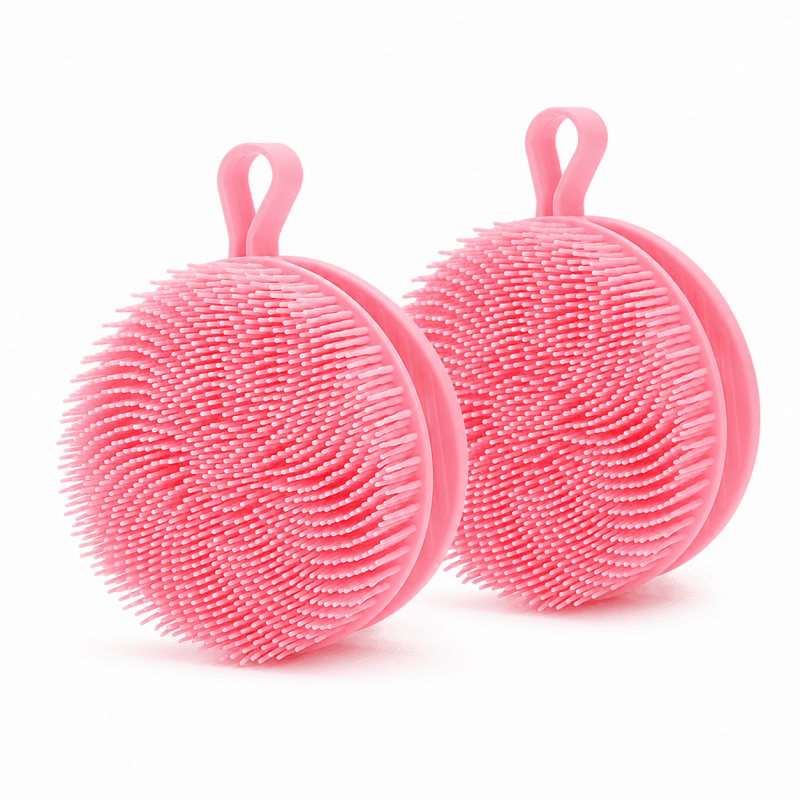 2-Piece Pink Double-Sided Silicone Body Scrubber - Dual-Texture Bath Brush