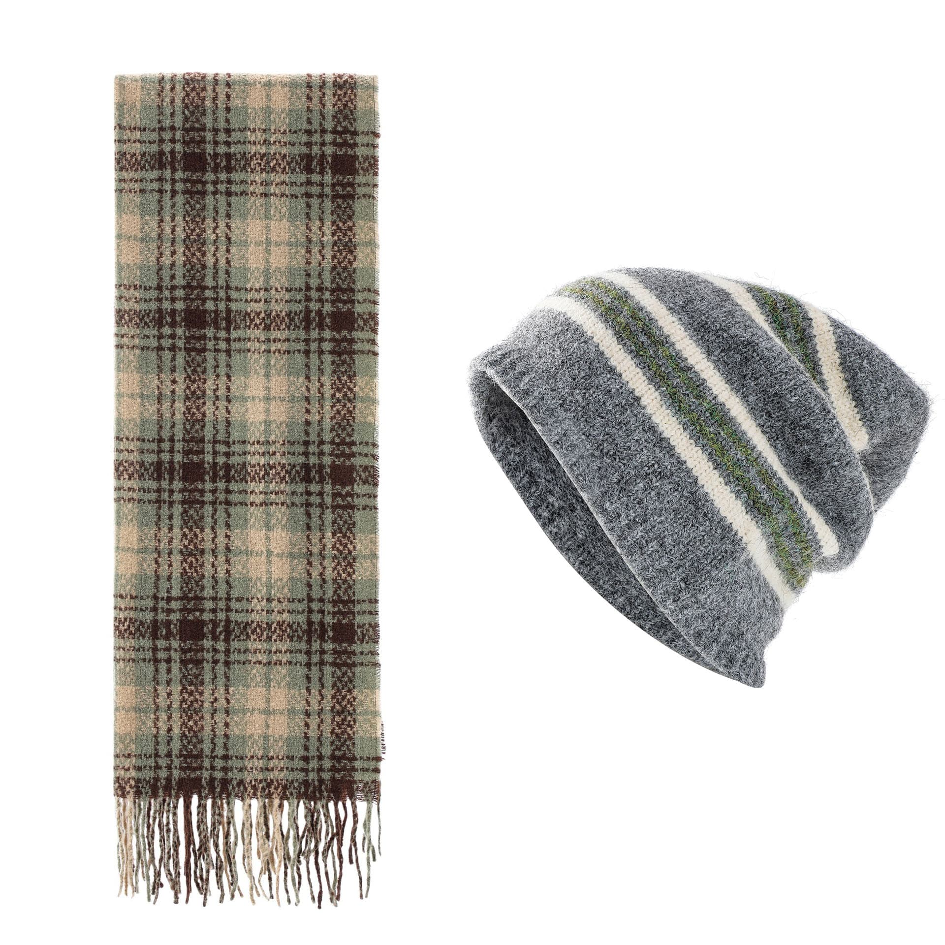 Striped Wool-Blend Beanie & Plaid Fringed Scarf Set - Soft Knit - Default
