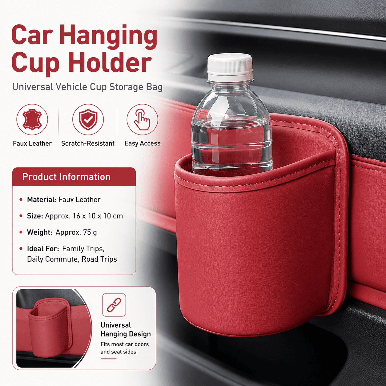 Red Universal Car Door Cup Holder - PU Leather Hanging Storage Organizer