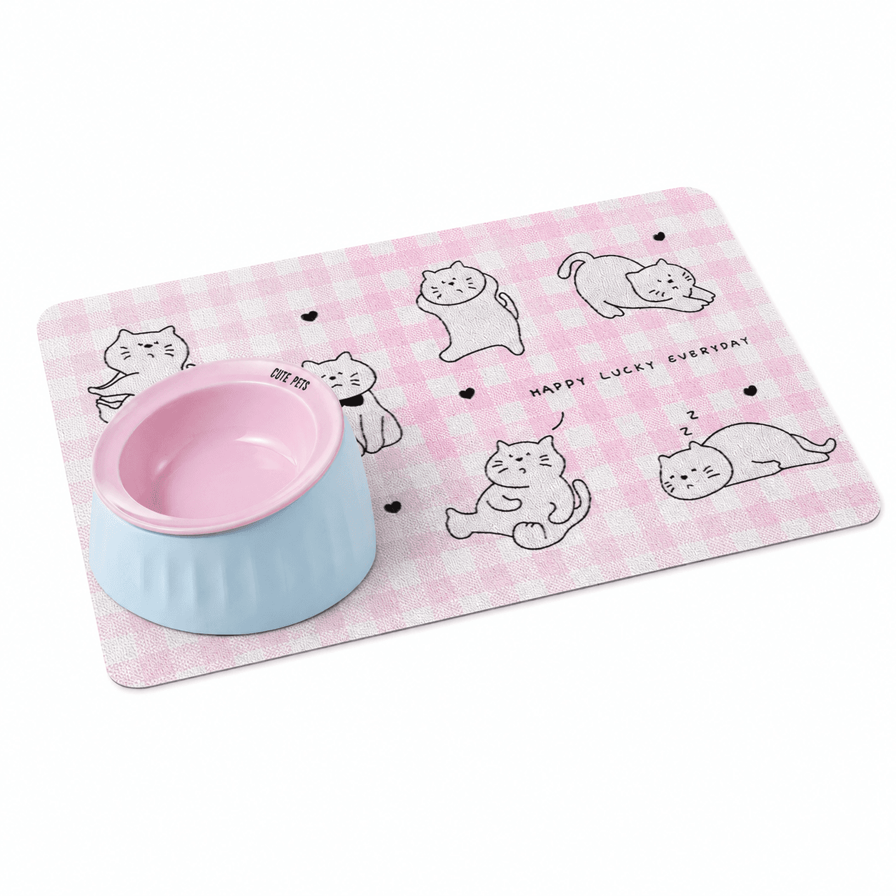 Pet Feeding Set - 15 Degree Tilted Ceramic Pink Bowl and Pink Non-Slip PVC