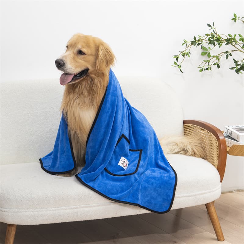 Blue 100 × 50 cm icrofibre Pet Bath Towel with Hand Pockets - Super