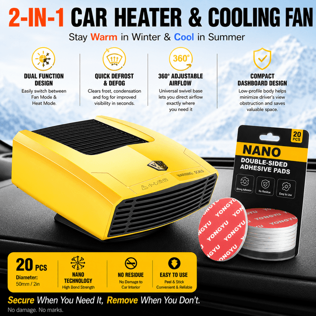 Yellow Compact 360° Adjustable Car Heater Fan with 20-Piece Removable Nano