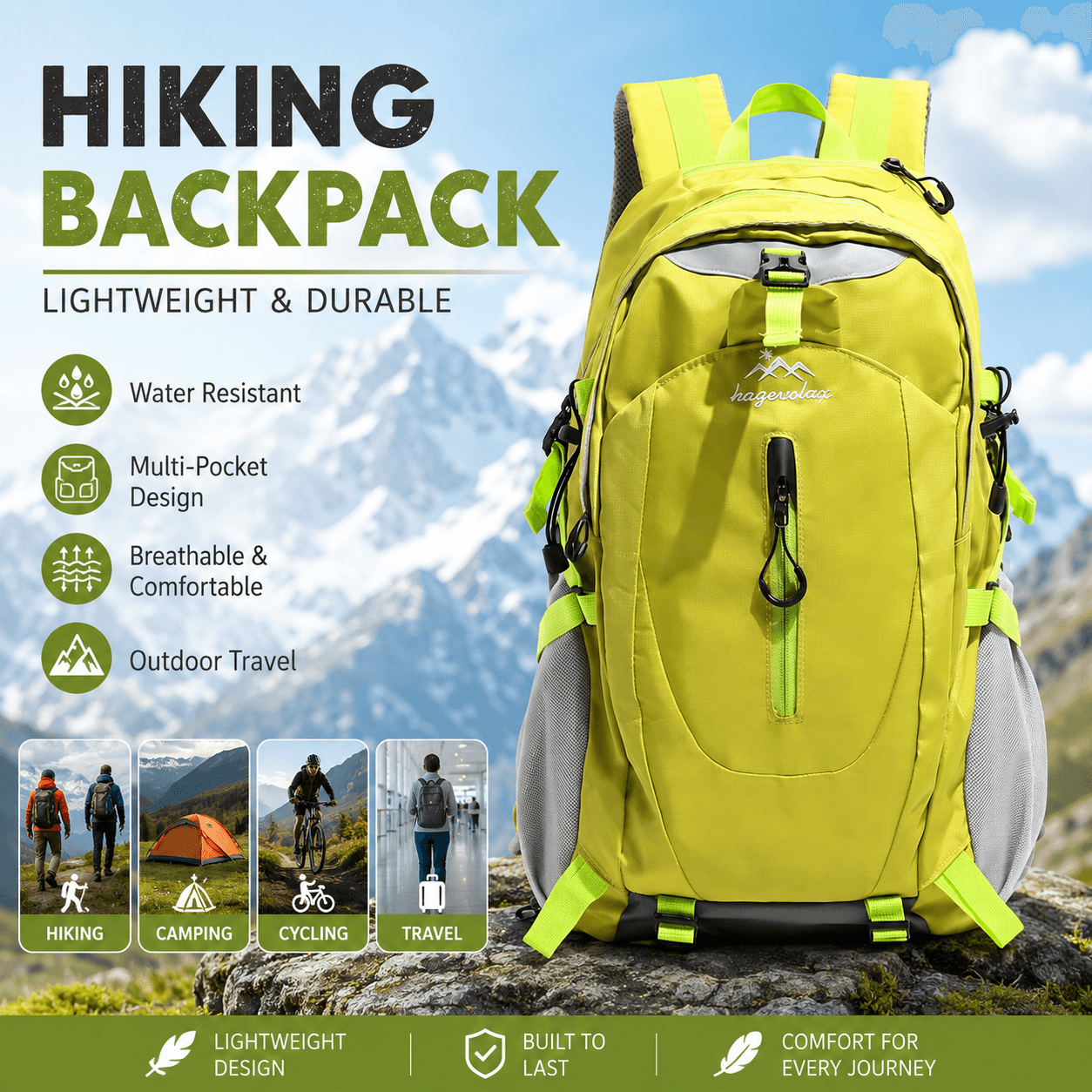Fluorescent Green Outdoor Hiking Backpack - Lightweight Nylon Travel Daypack