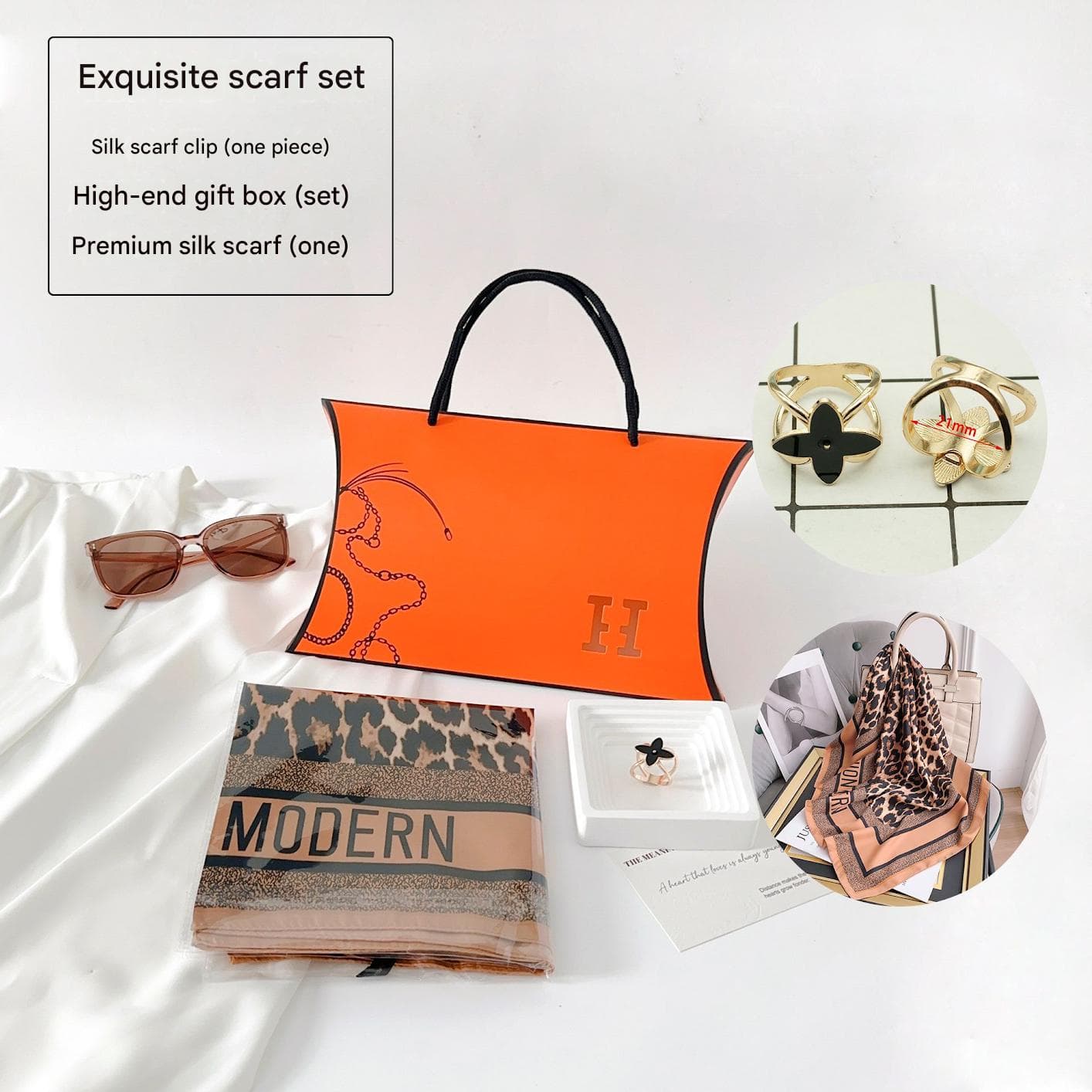 Leopard Print Style Korean Design 70 × 70 cm Imitation Silk Scarf Gift Set