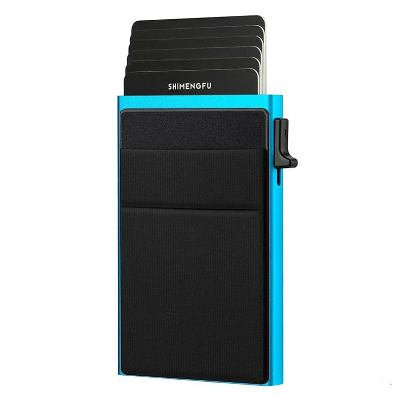 Blue RFID Blocking Aluminum Wallet - Slim Pop Up Card Holder - 10+ Card