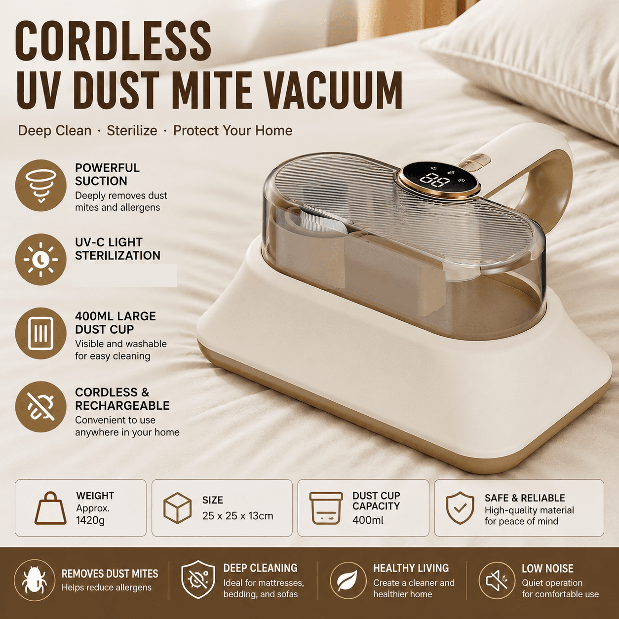White Cordless UV-C Mite Remover Vacuum - 400 ml Dust Cup, High-Frequency