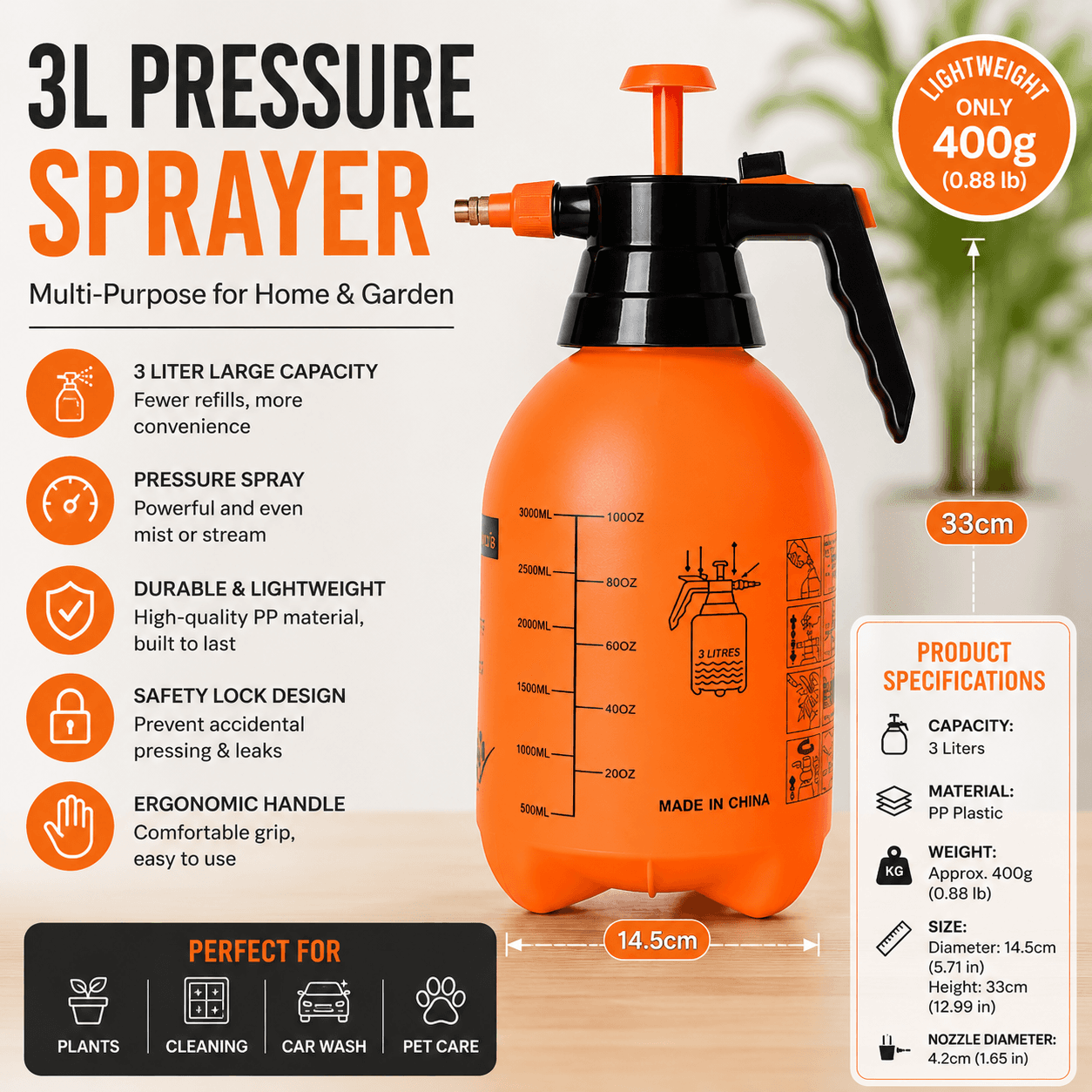 3L Orange Pressure Sprayer - PP Plastic Garden Watering Can with Adjustable