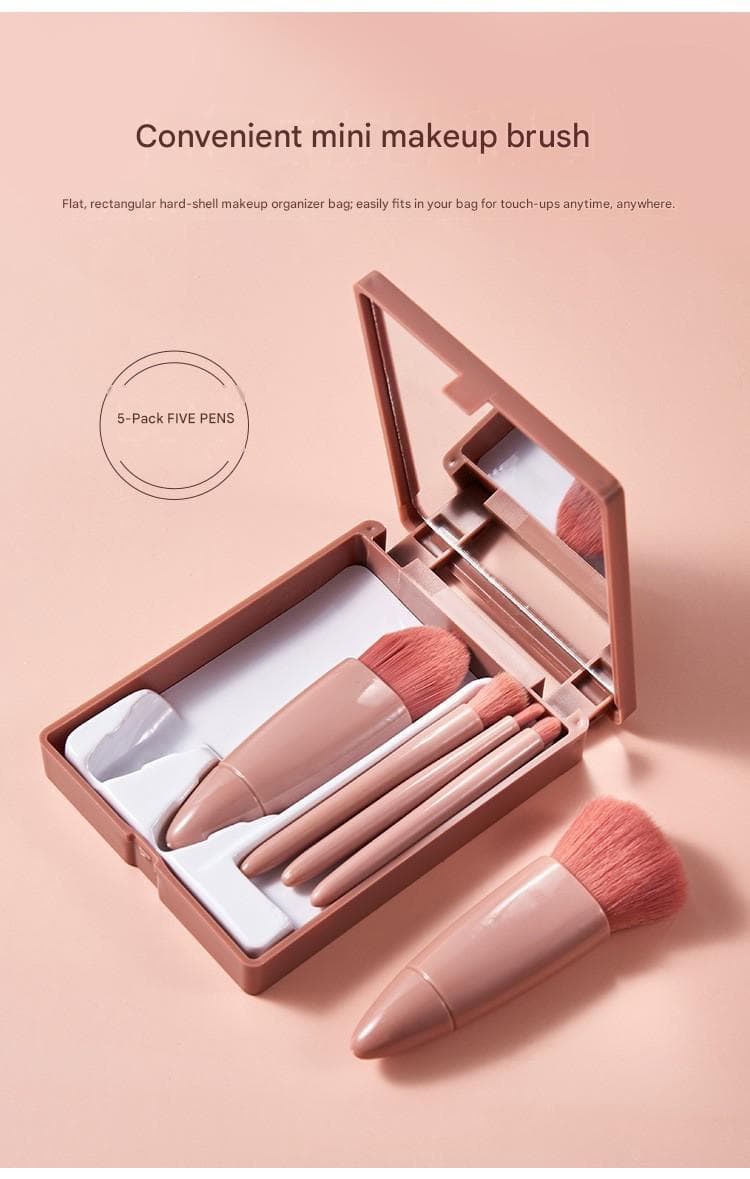 Coffee-colored 5-Piece Compact Makeup Brush Set with Mirror - Coffee Colored