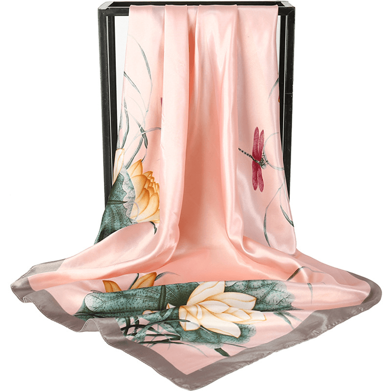 Pink Dragonfly and Lotus Flower Painting 90 × 90 cm Satin Silk Scarf