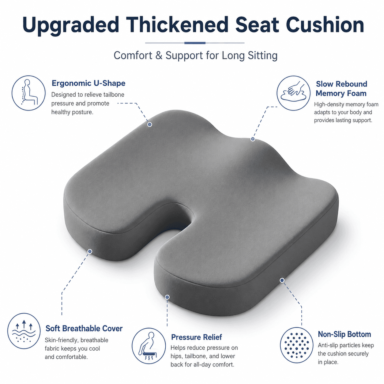 Grey Memory Foam Seat Cushion - 45 × 36 × 7 cm Milk Silk Removable Cover