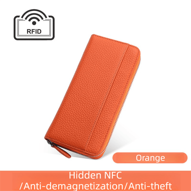 Orange Genuine Leather Women's Long Wallet with RFID Blocking & Hidden NFC