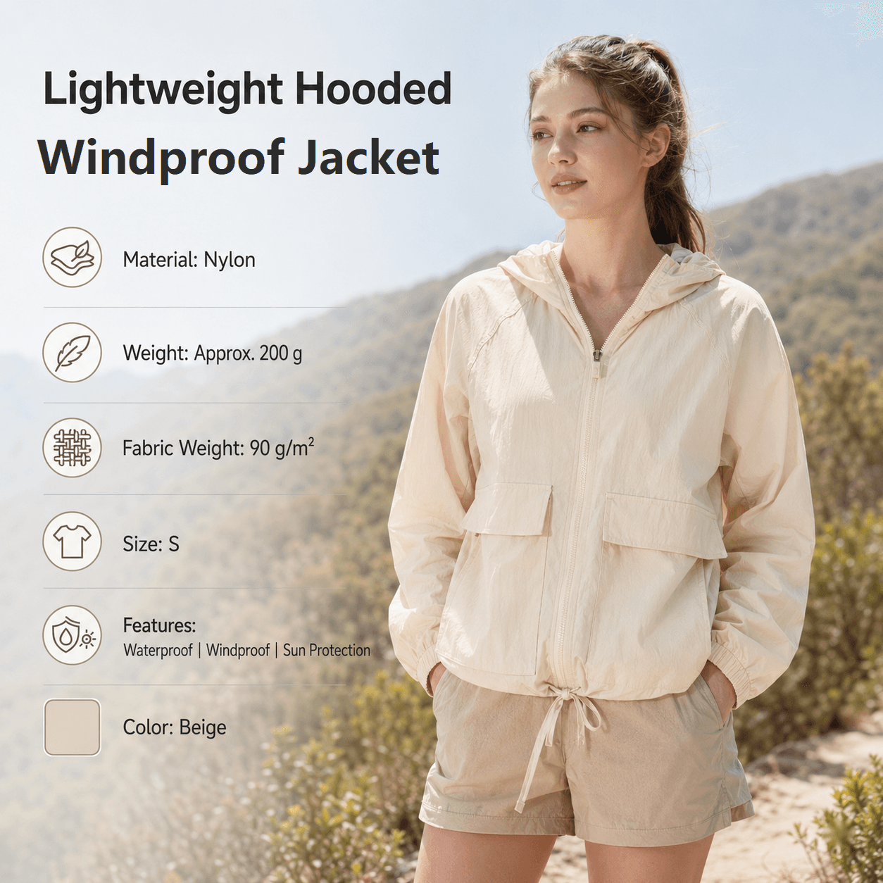 Beige S Size Women's Lightweight Hooded Windbreaker Jacket - Nylon