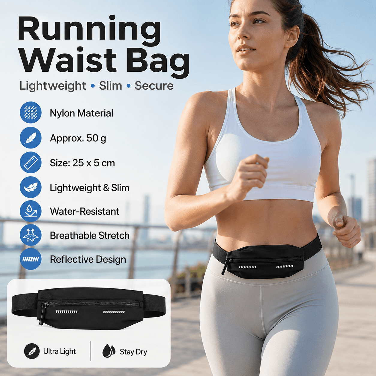 Black Running Waist Belt - High Stretch Nylon Sports Fanny Pack