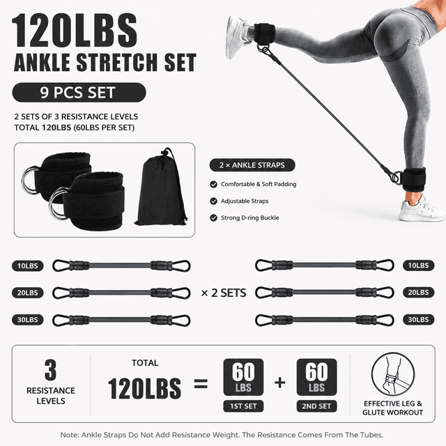 Black 120LBS Total Ankle Resistance Bands Training Set with Cuffs and Carry