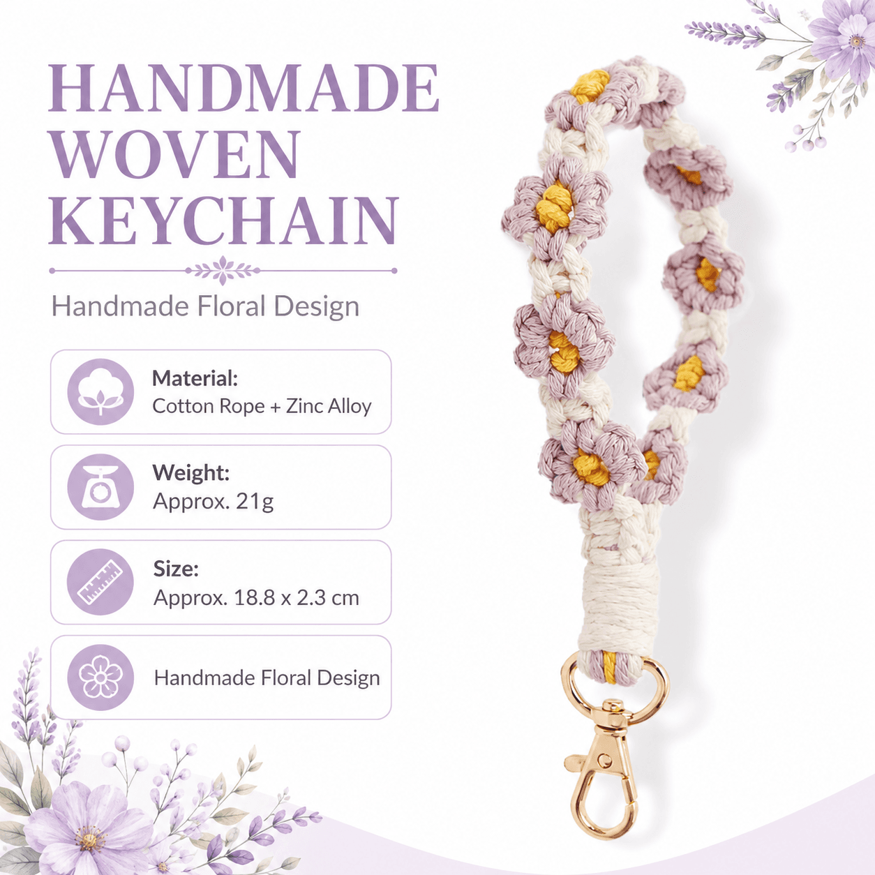 Purple Boho Daisy Handmade Braided Wrist Strap Keychain - Floral Crochet