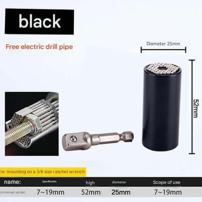 Black Universal Socket Set 7-19mm - Steel Construction - Multi-function
