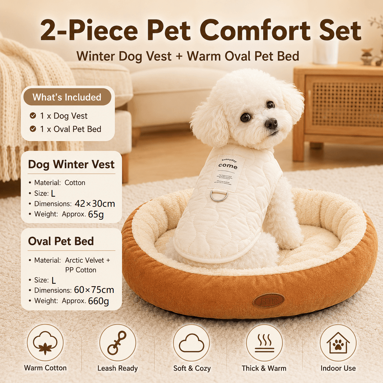 Winter Pet Care Bundle - L Size 42 × 30 cm Beige Quilted Dog Vest with Leash