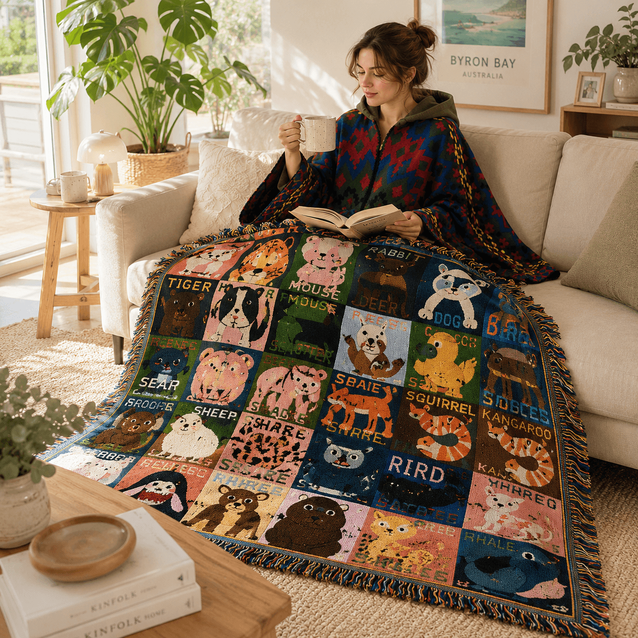 Blue-green Warm Hooded Poncho Shawl and Animal Pattern - Blue Green Throw