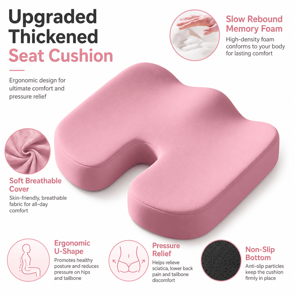 Pink Memory Foam Seat Cushion - 45 × 36 × 7 cm Milk Silk Removable Cover