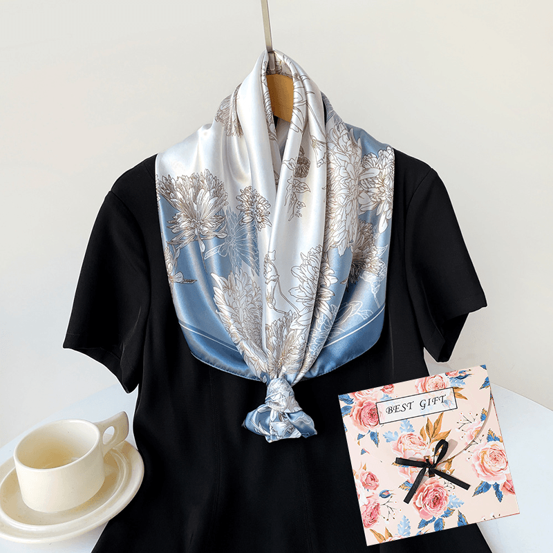 Blue Gift Box Set 90 × 90 cm Women's Square Scarf - Vintage Floral Print