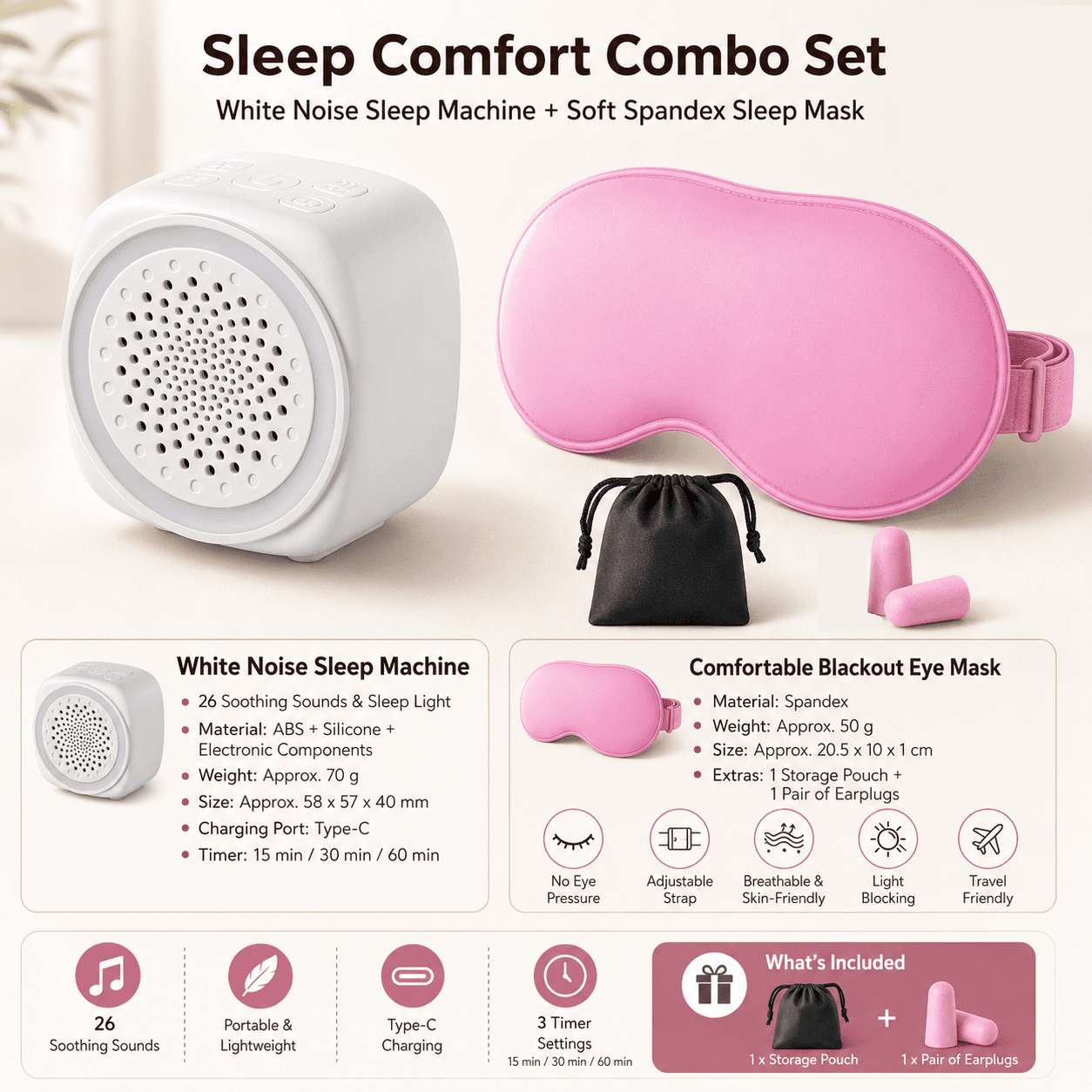 Soft Sleep Aid combination - White Noise Machine with 7-Colour Night - Pink