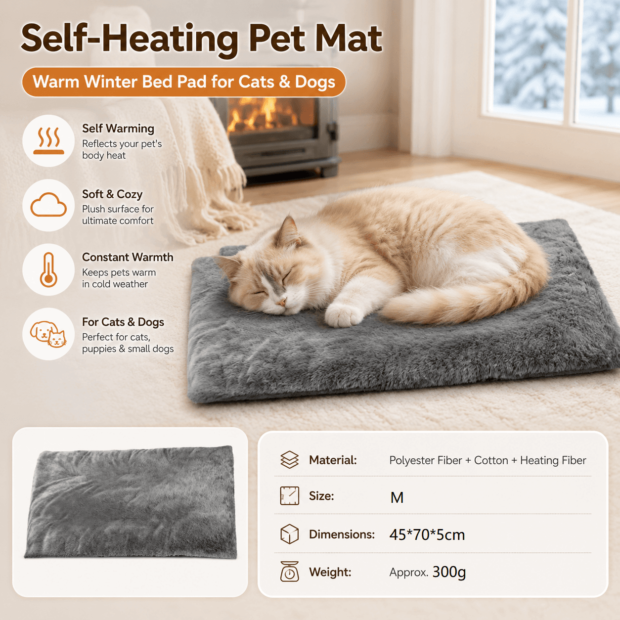 Grey M Size 45 × 70 cm Self Heating Pet Mat - Soft Plush Non-Slip Thermal