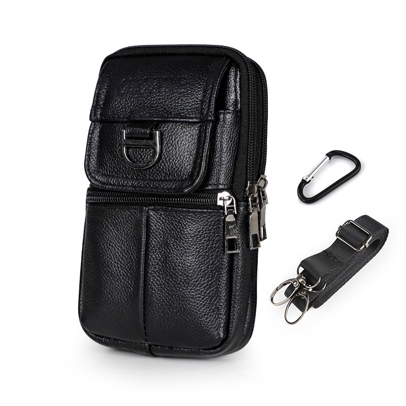 Black Leather Belt Phone Pouch - Multi-Pocket Waist Bag with Shoulder Strap