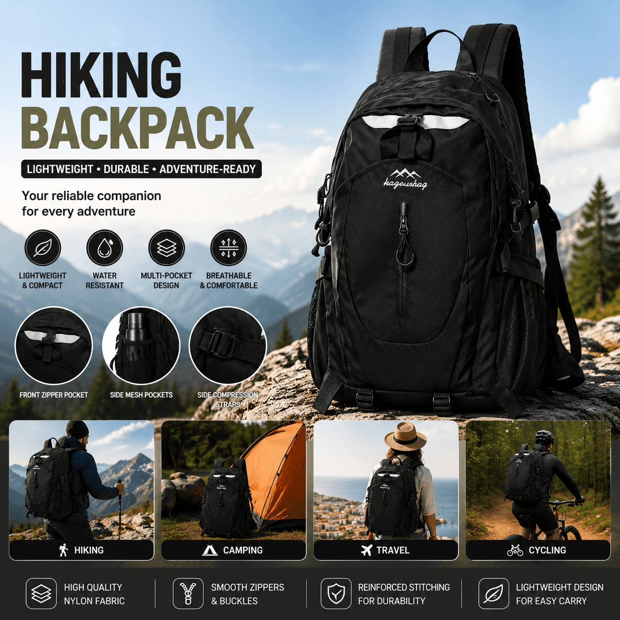 Black Outdoor Hiking Backpack - Lightweight Nylon Travel Daypack with Multi