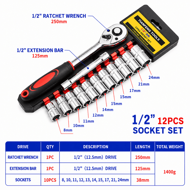 12-Piece Portable 1/2 Inch Ratchet Socket Wrench Set - 10 Sizes Metric